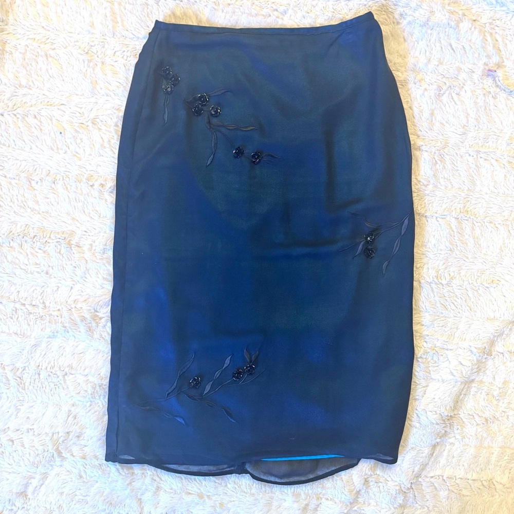 Vintage 90’s midi skirt silk 8 viberant blue beading fall whimsygoth fairy